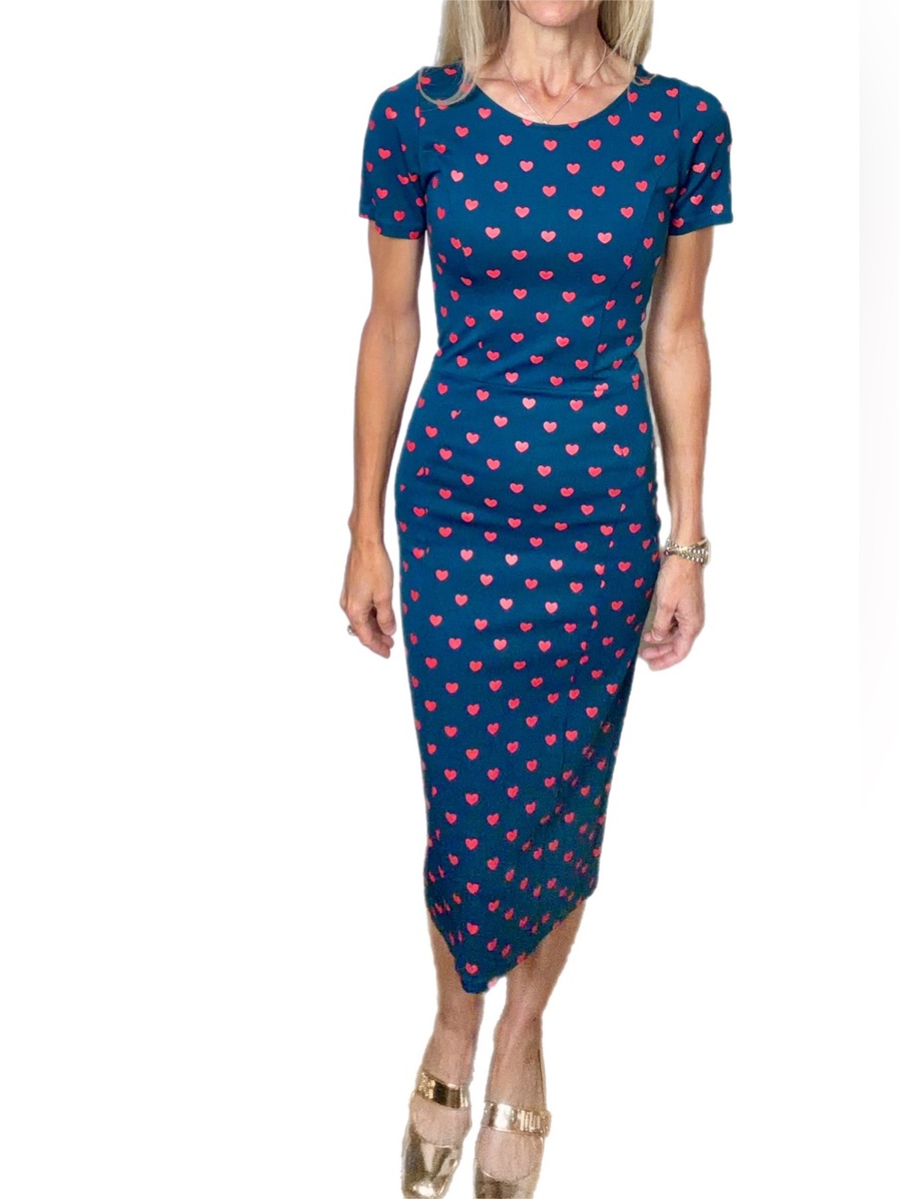Unique Vintage Teal Heart-Print short sleeve bodycon dress,S, EUC